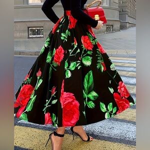 Black Red Rose A-Line Midi Skirt Floral High Waist Statement Skirt
